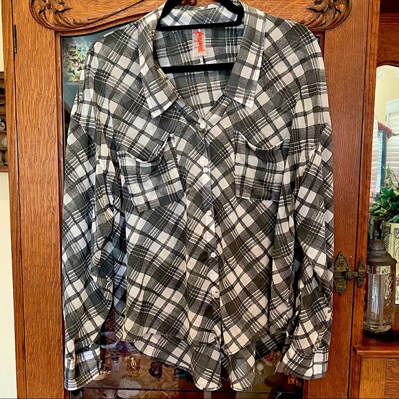Free People Semi Sheer Plaid Button-Up Blouse - Picture 1 of 8